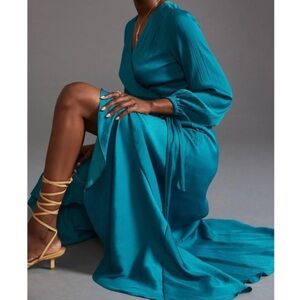 Anthropologie Maeve V-Neck Wrap Maxi Dress Teal Green Turquoise Blue Size Small